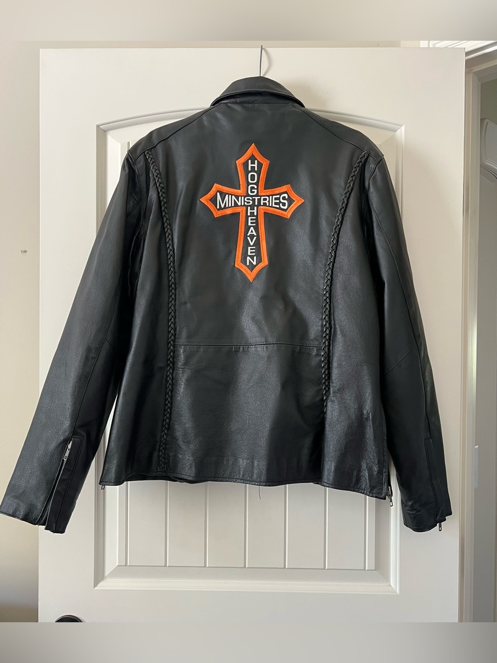 Women’s Bikestar motorcycle Black leather jacket orange cross Hog Heaven 2XL
